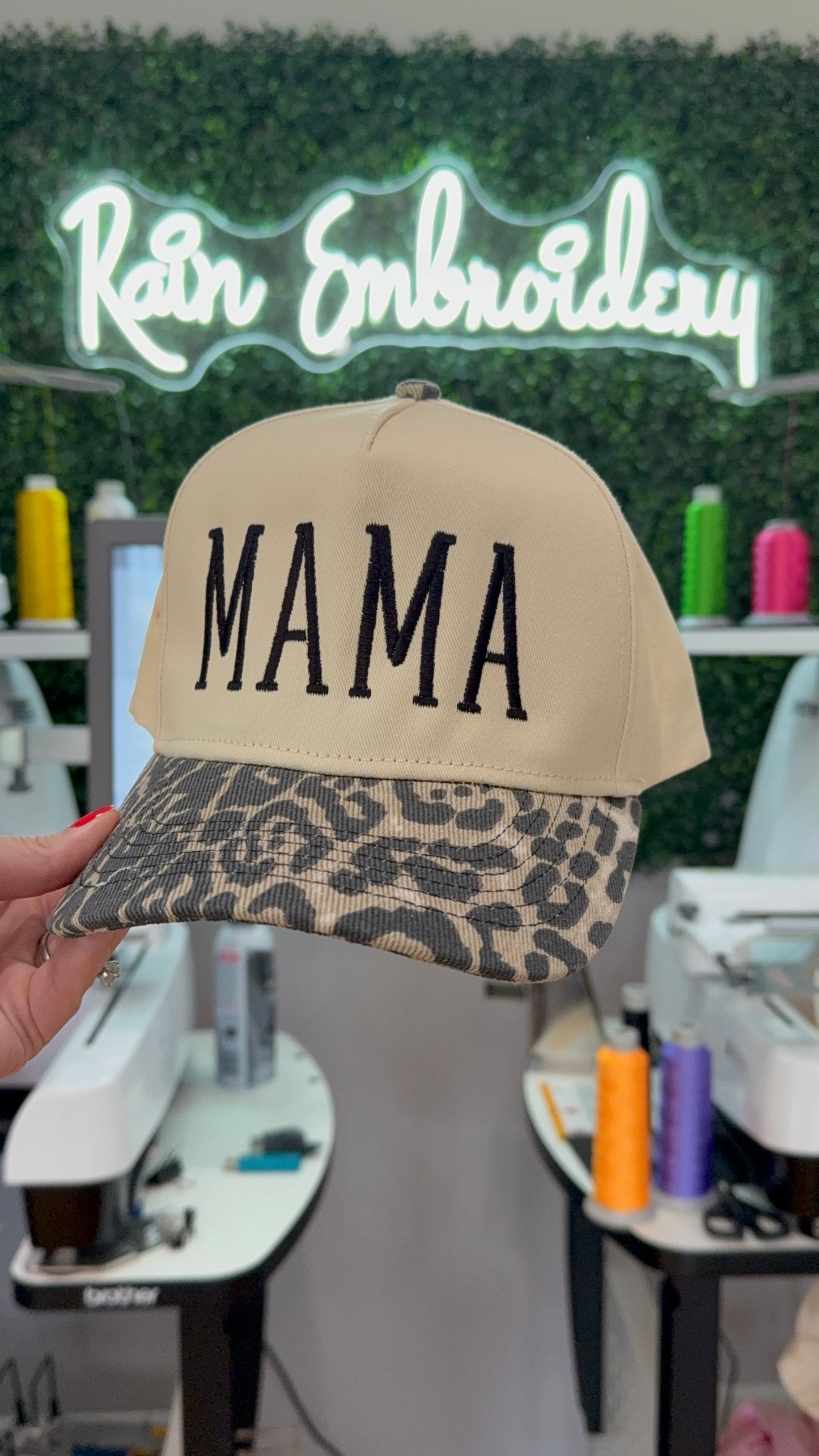 MAMA leopard embroidered trucker hat
