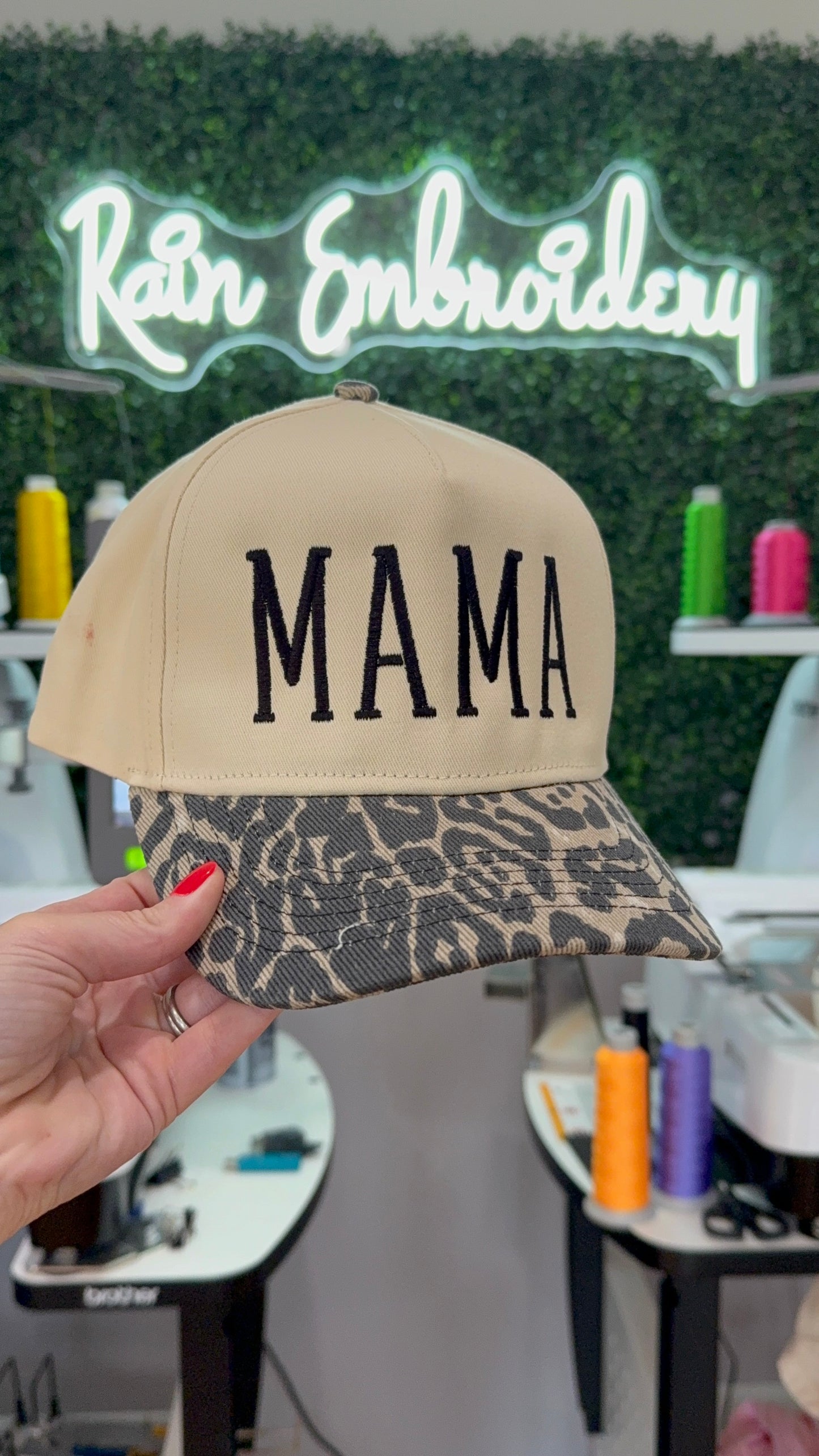 MAMA leopard embroidered trucker hat