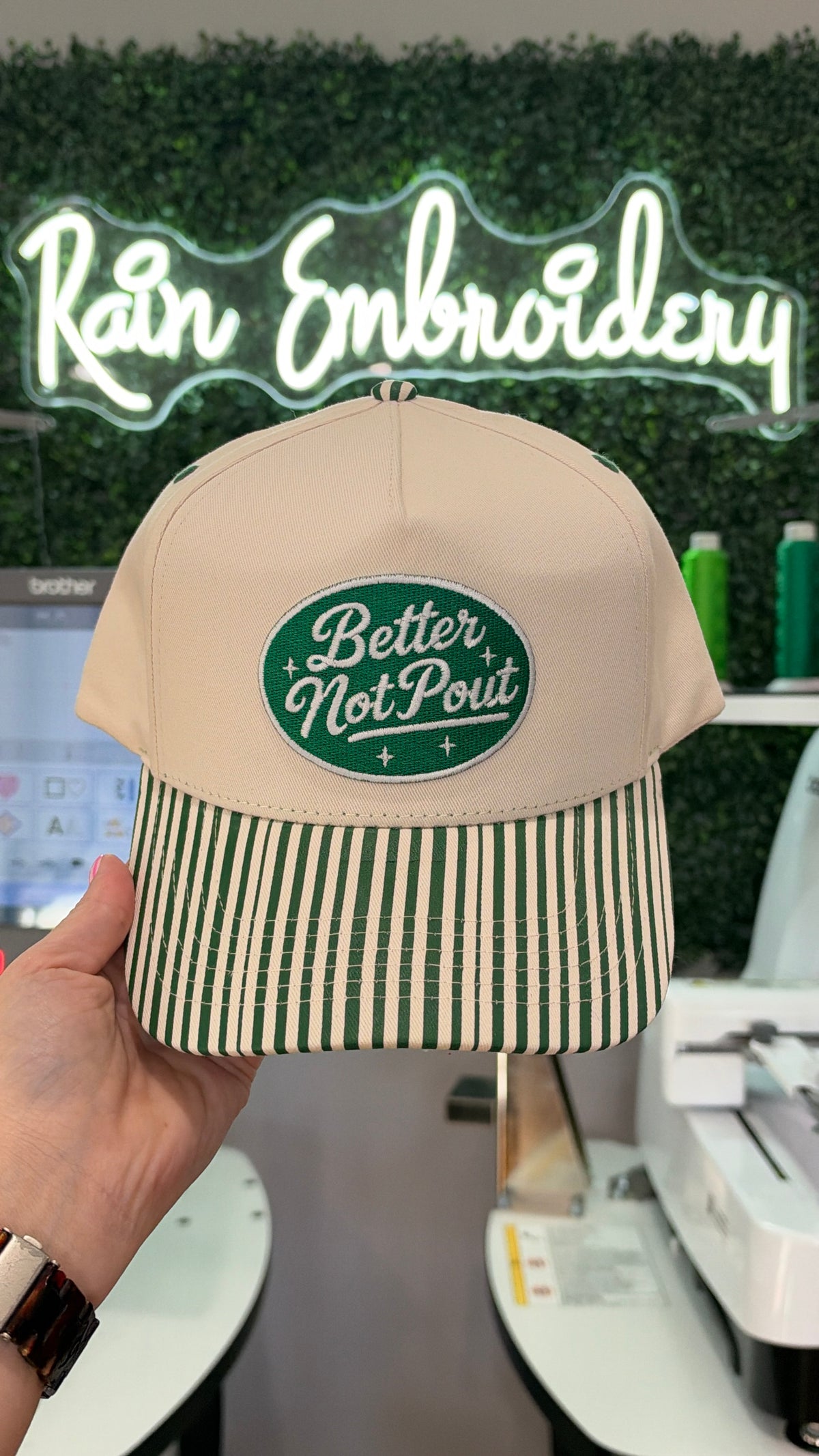 Better Not Pout / Green Stripe Embroidered Hat