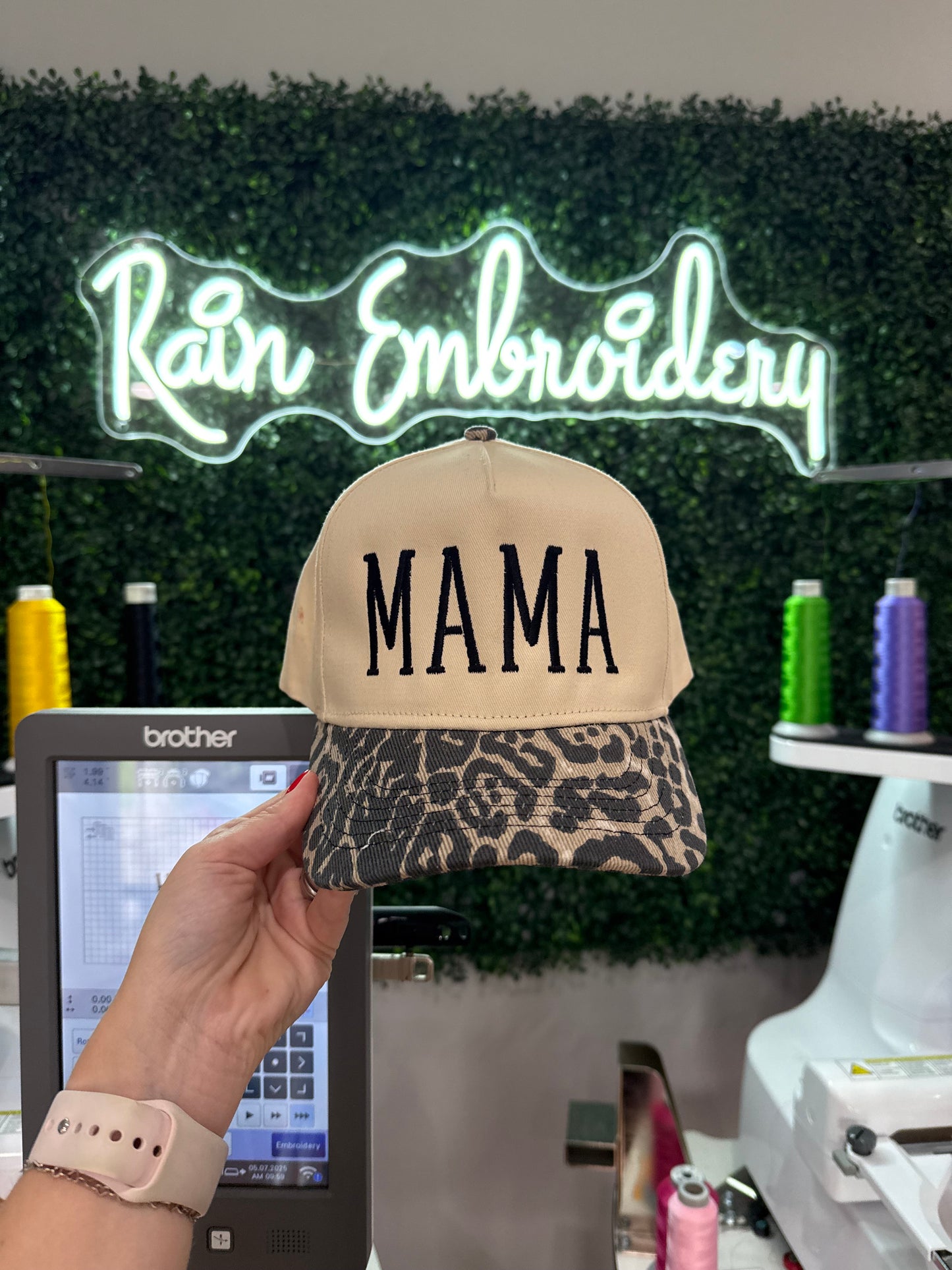 MAMA leopard embroidered trucker hat