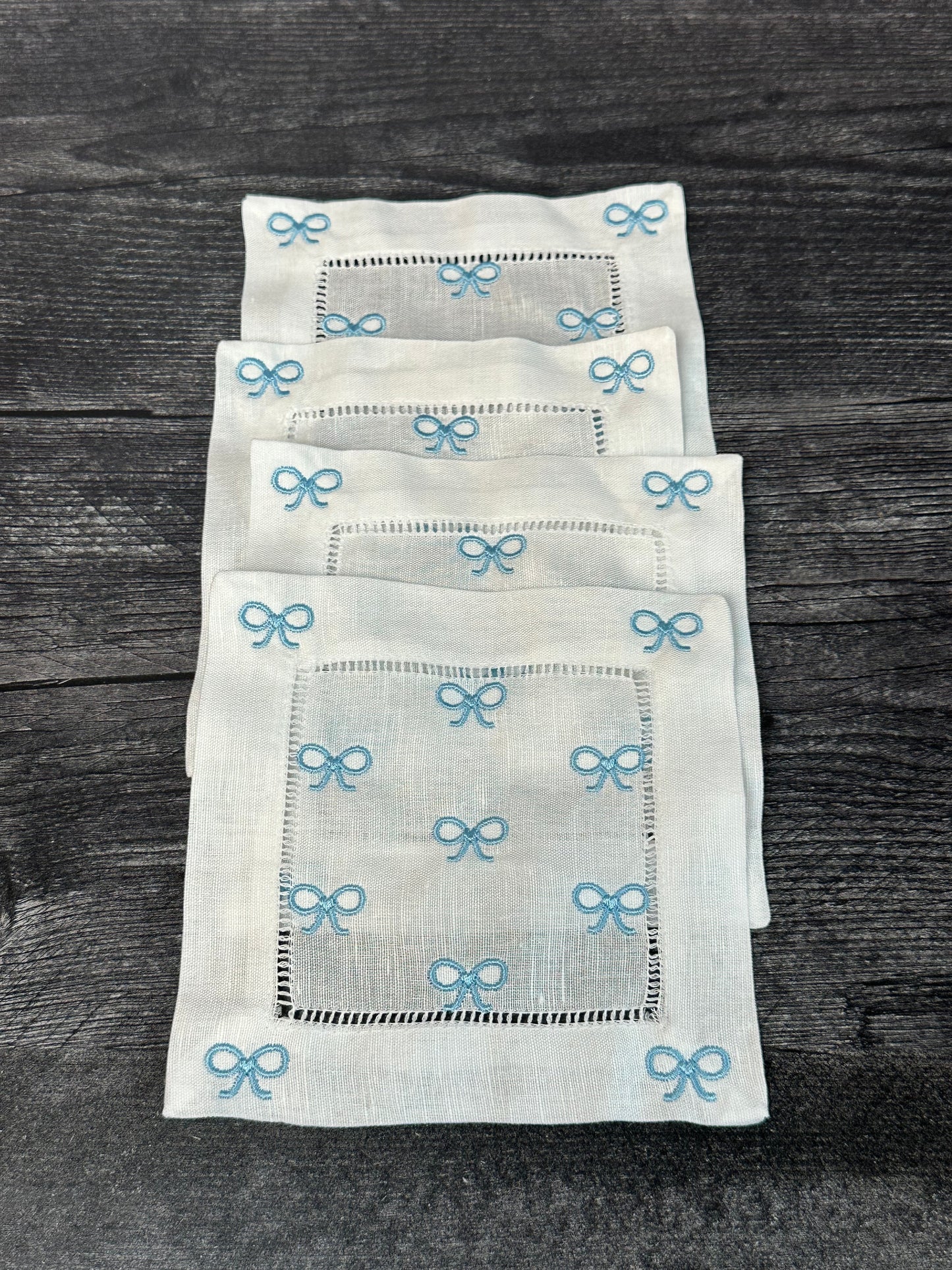 Blue Bows Embroidered Cocktail Napkins