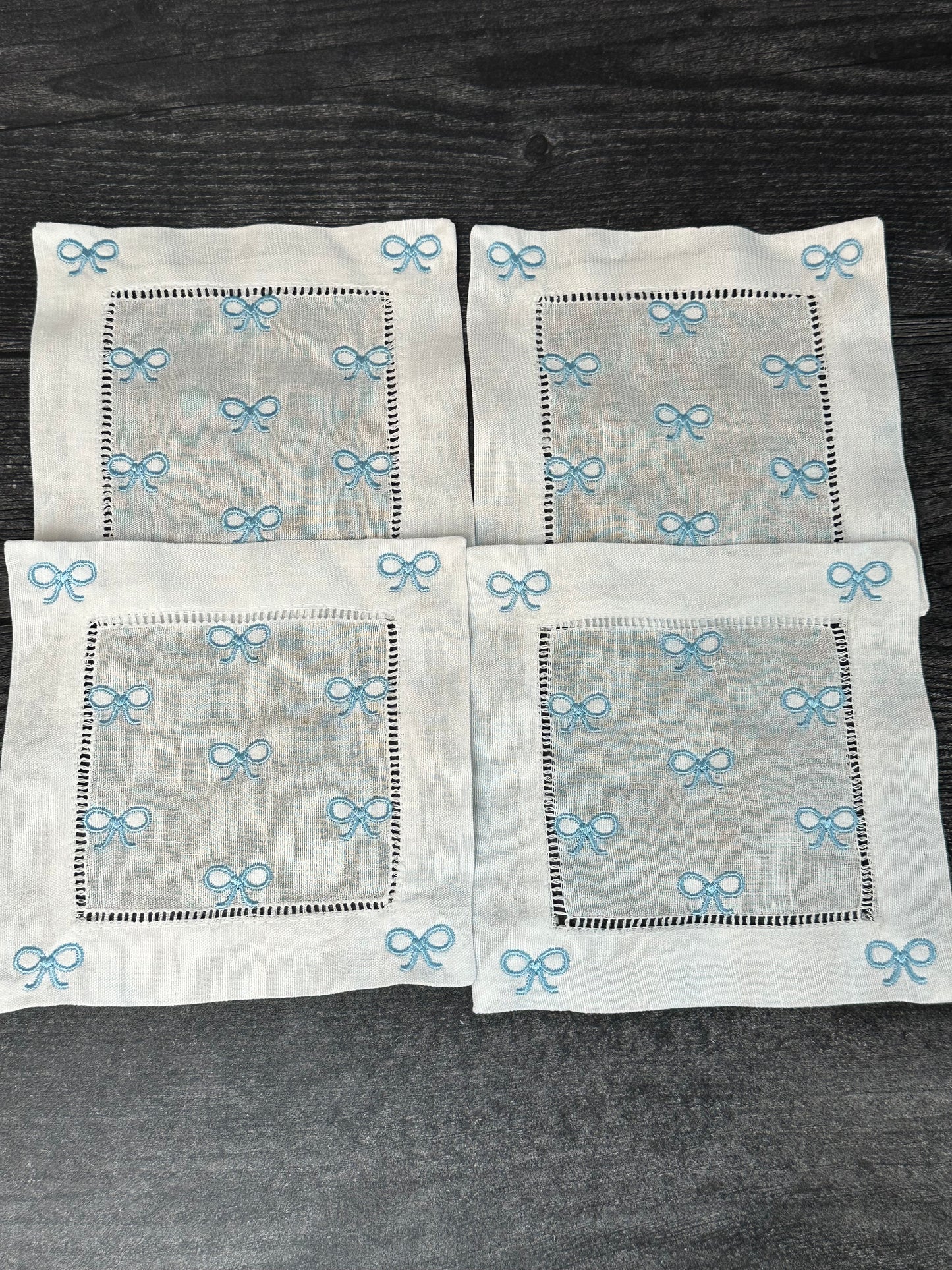Blue Bows Embroidered Cocktail Napkins