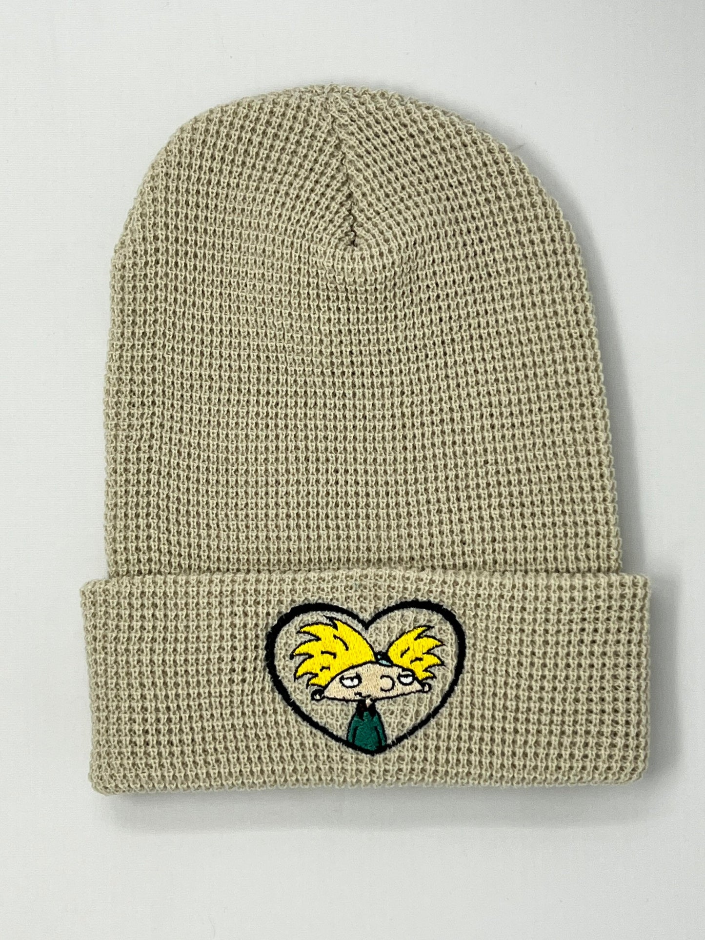 Hey Arnold Cuffed Beanie / Waffle Knit Cuff / 90s baby / Hey Arnold Love Hat / Heart Embroidery / Embroidered Beanie
