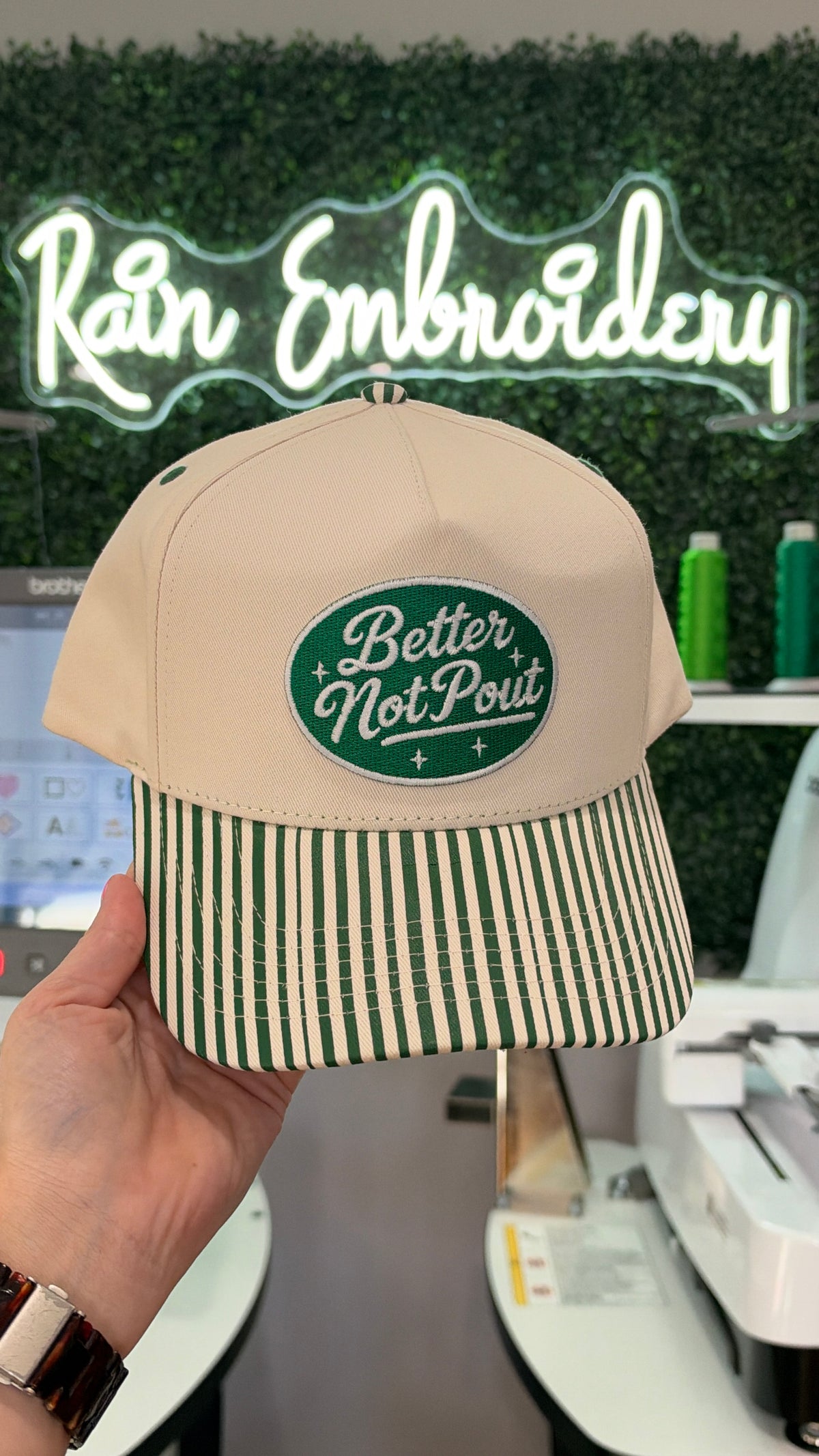 Better Not Pout / Green Stripe Embroidered Hat