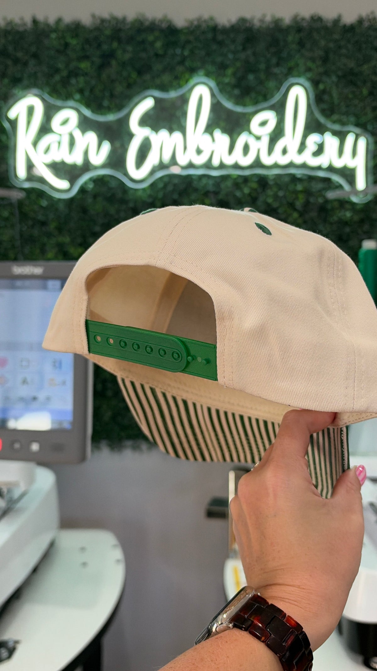 Better Not Pout / Green Stripe Embroidered Hat