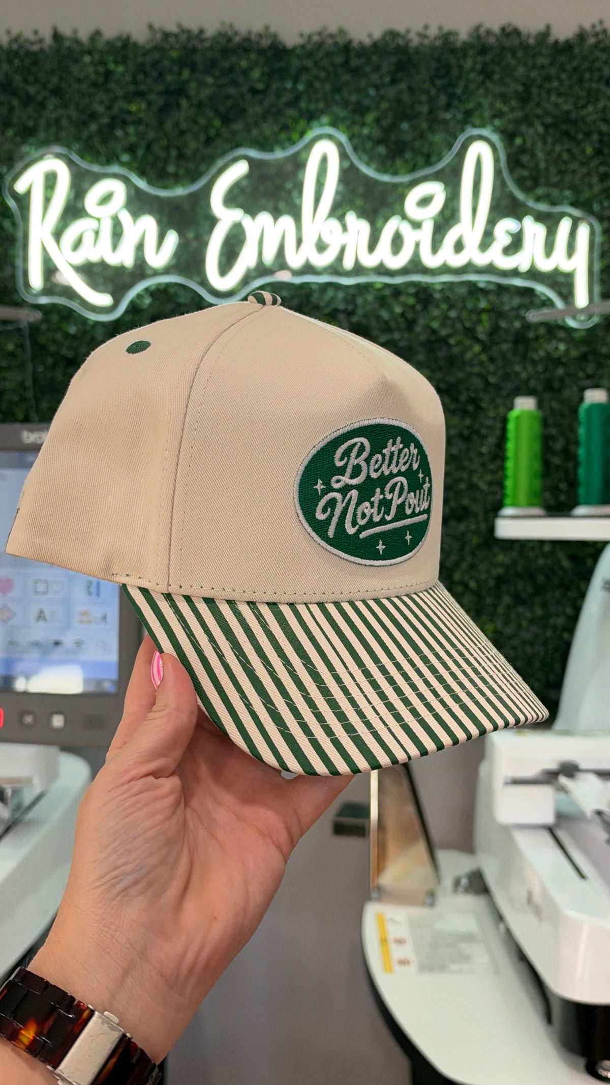 Better Not Pout / Green Stripe Embroidered Hat