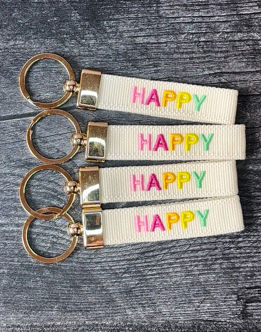 Happy Embroidered Keychain