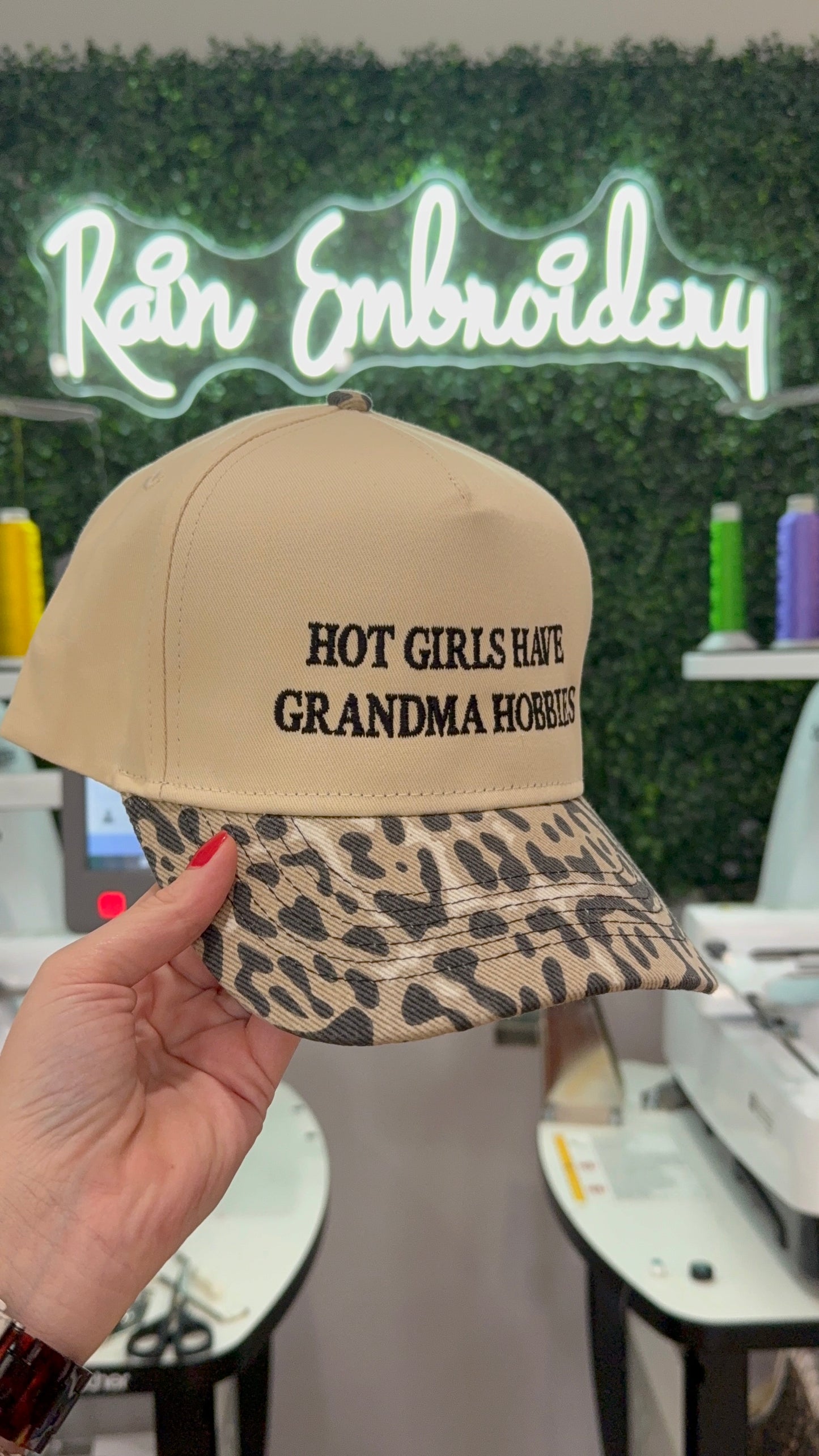 Hot Girls Have Grandma Hobbies - Embroidered Leopard Trucker Hat