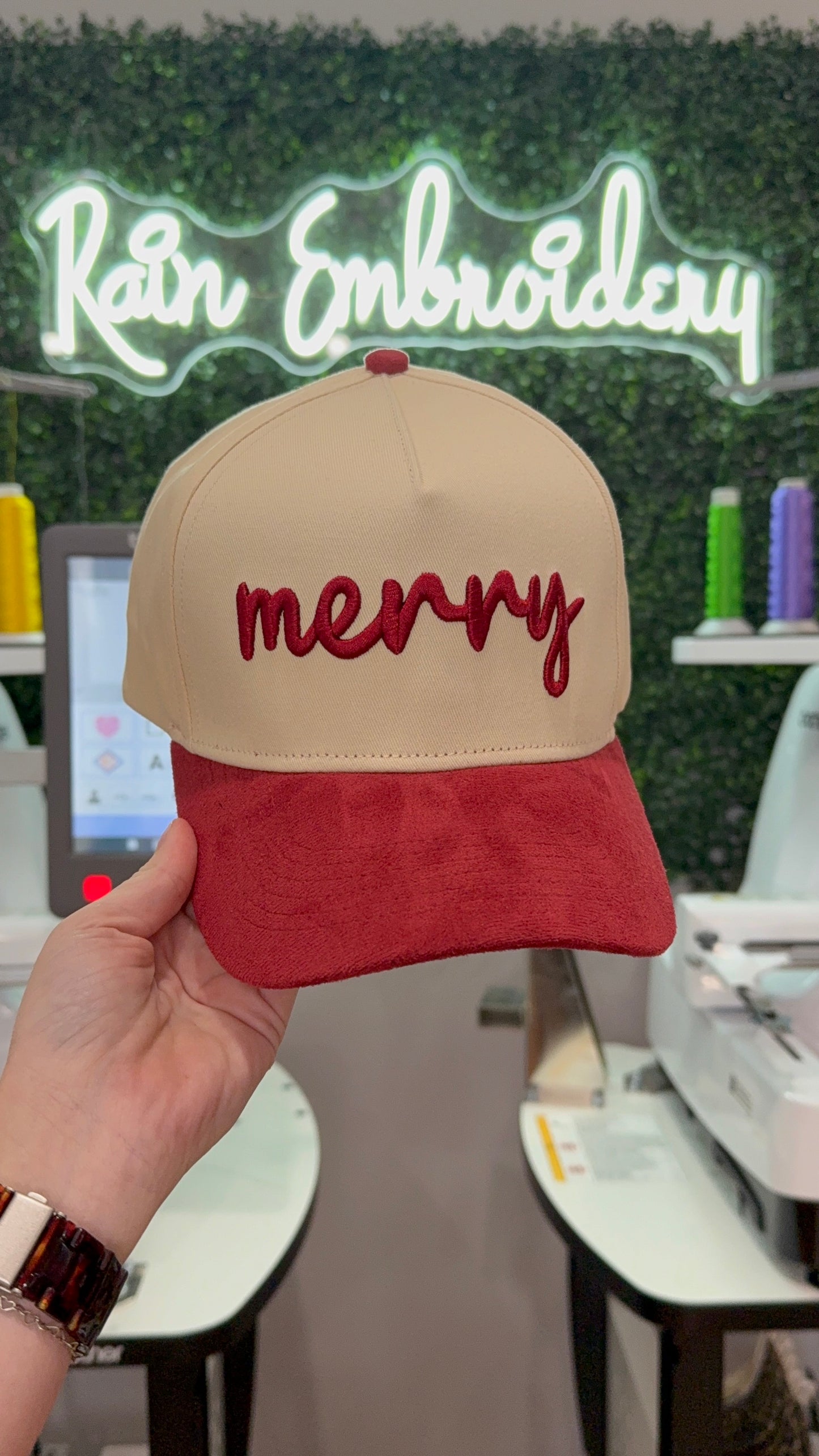Merry Embroidered Suede Trucker Hat