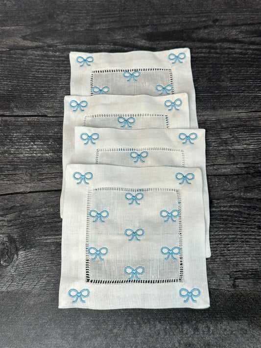 Blue Bows Embroidered Cocktail Napkins