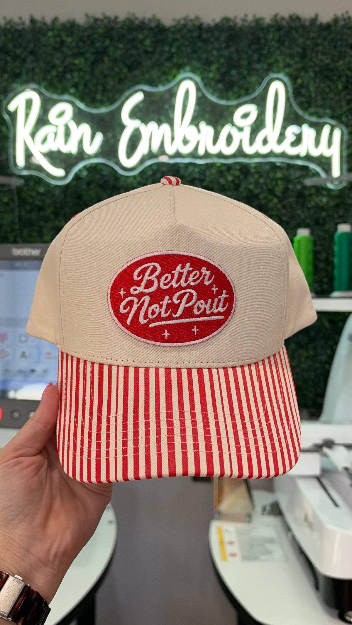 Better Not Pout / Red Stripe Embroidered Hat