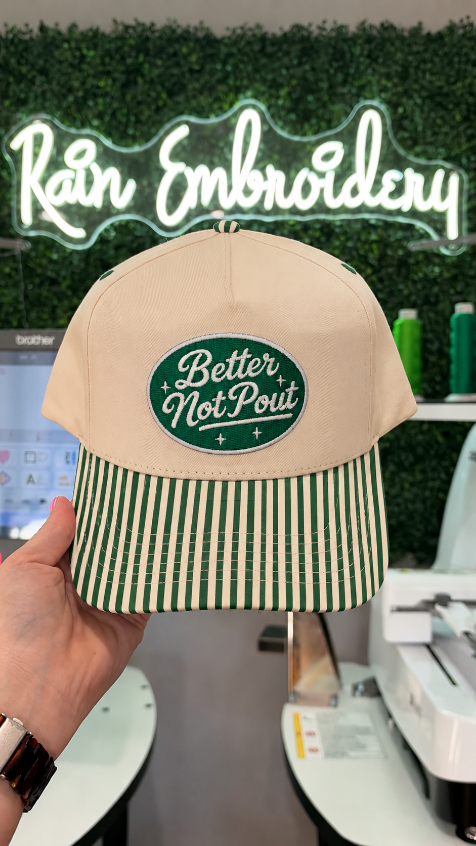 Better Not Pout / Green Stripe Embroidered Hat