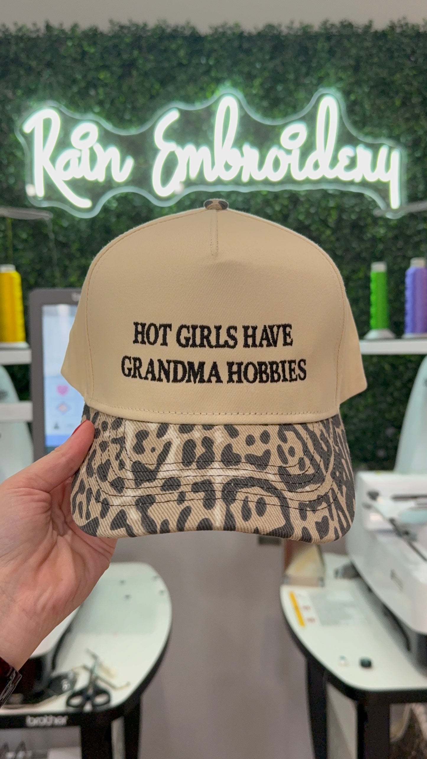 Hot Girls Have Grandma Hobbies - Embroidered Leopard Trucker Hat
