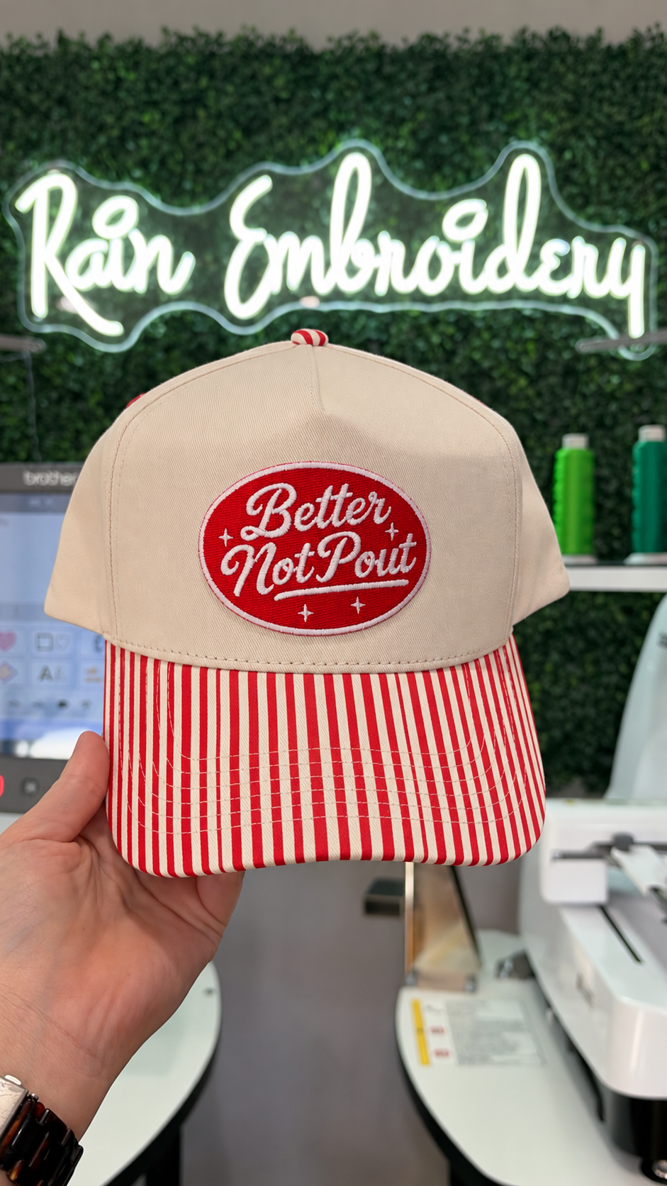 Better Not Pout / Red Stripe Embroidered Hat