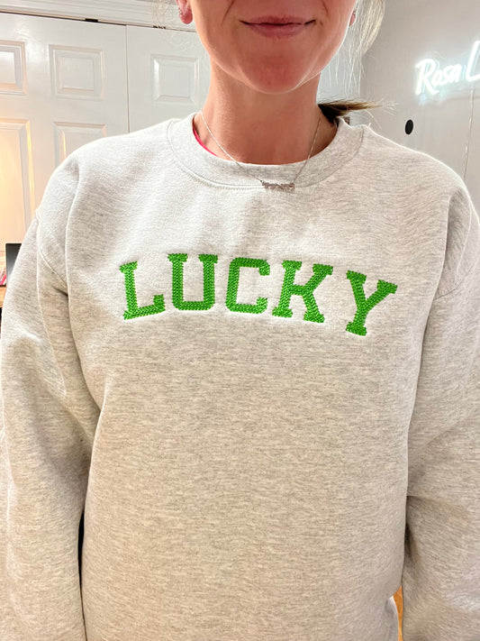 Lucky Embroidered Sweatshirt / Chain Stitching Lucky