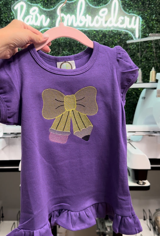 Pencil Bow Embroidered Ruffle Tee