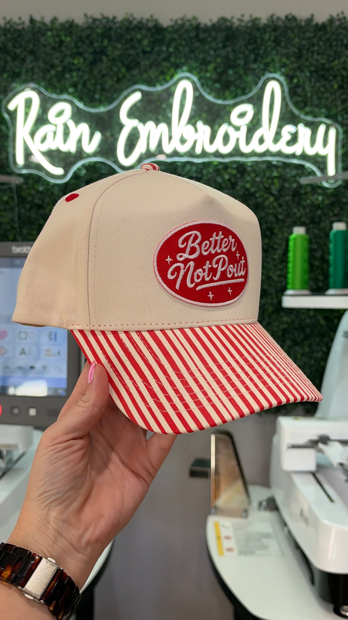 Better Not Pout / Red Stripe Embroidered Hat