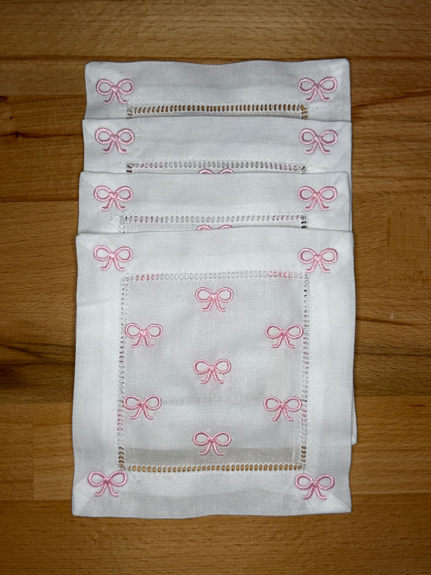 Pink Bows Embroidered Cocktail Napkins