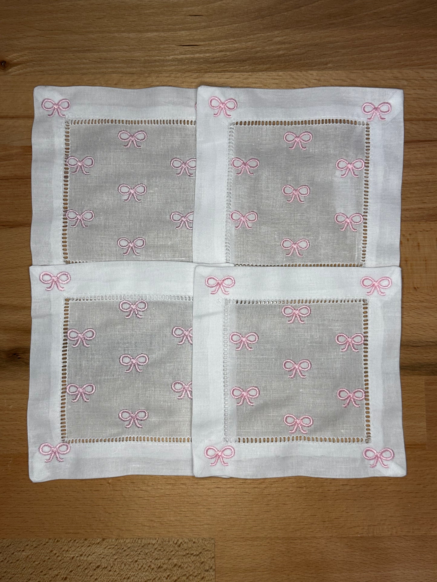 Pink Bows Embroidered Cocktail Napkins