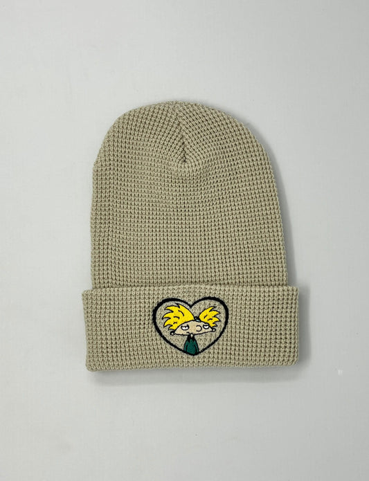 Hey Arnold Cuffed Beanie / Waffle Knit Cuff / 90s baby / Hey Arnold Love Hat / Heart Embroidery / Embroidered Beanie