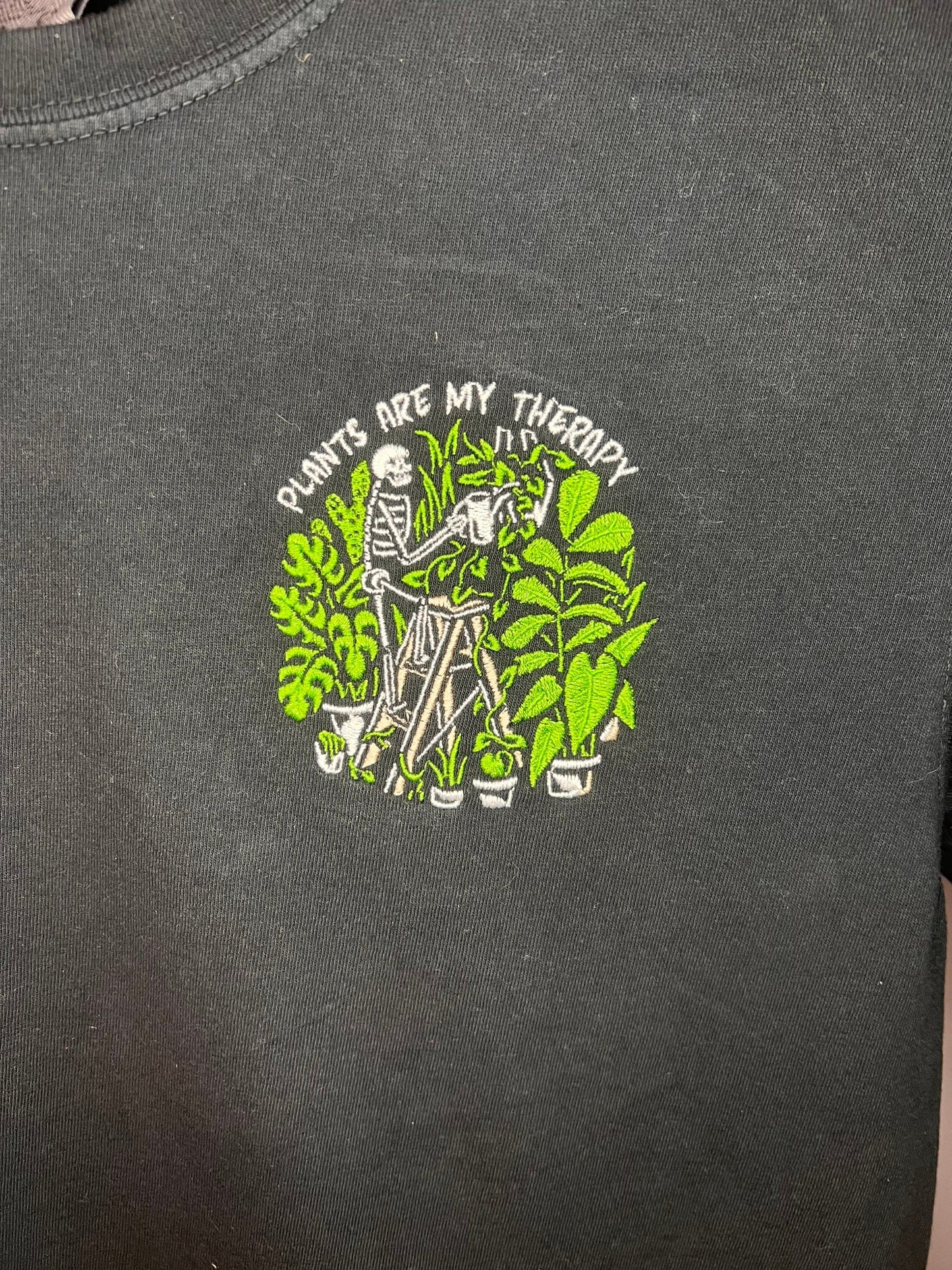 Plants Are My Therapy Embroidered Tee / Plant Mom / Plant Dad / Machine Embroidery / Skeleton Plants / Watering Plants / Mental Health