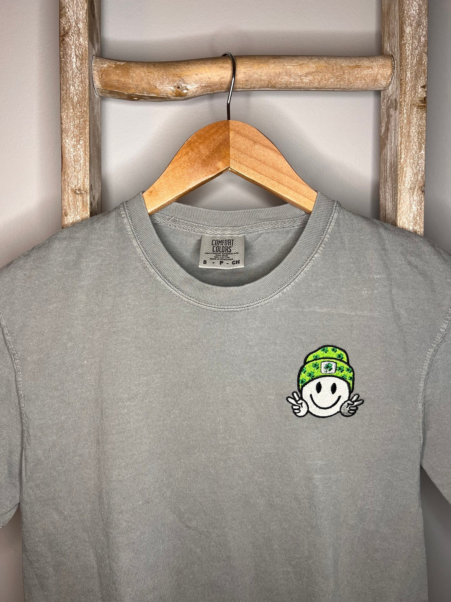 St. Patrick’s Day Embroidered Smiley Tee / Green Embroidered Shirt / St. Patrick’s Embroidery / Smiley Embroidery / Peace Sign Embroidery